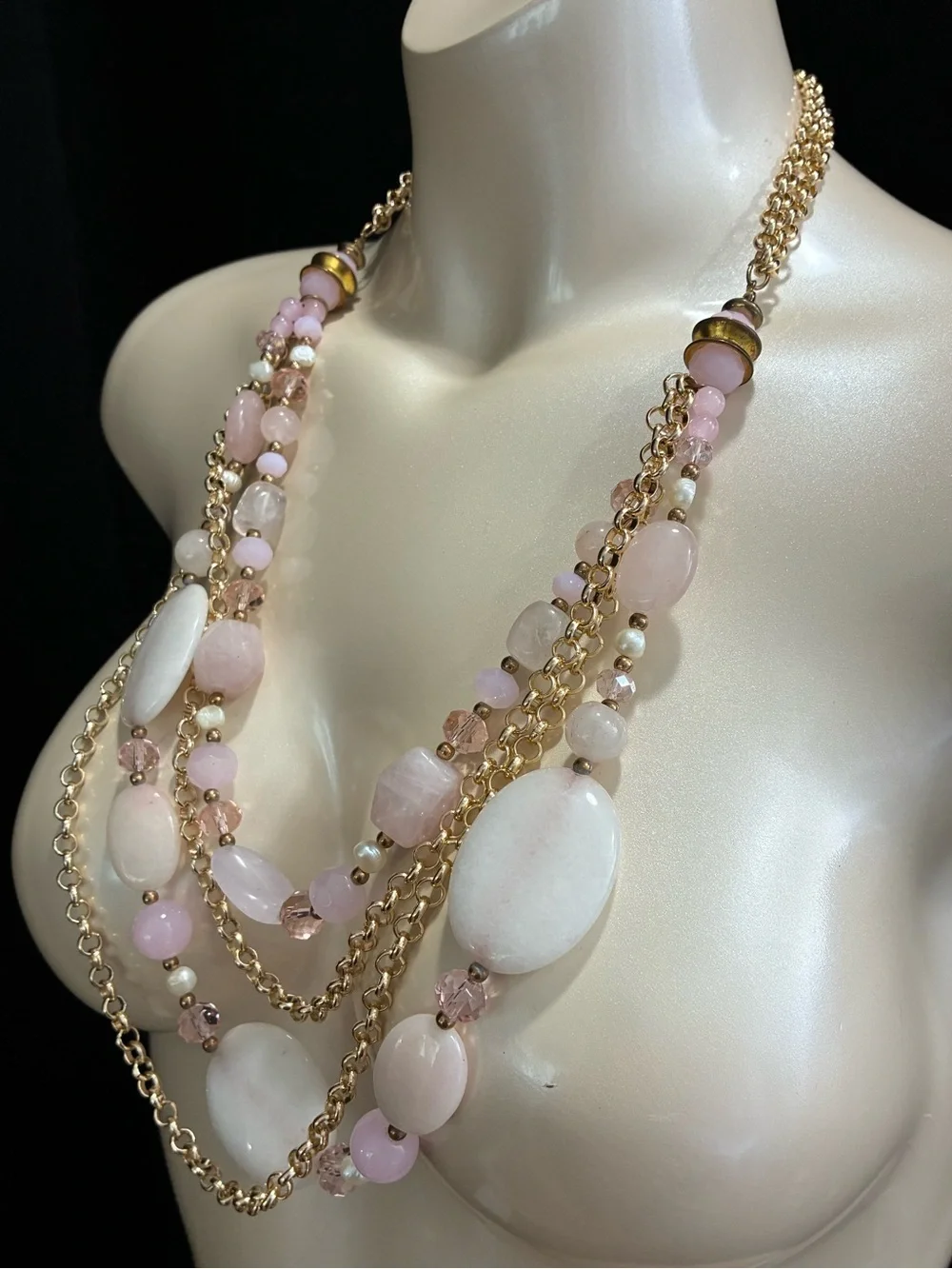 Multi-Strand Pink Rose Quart Chunky Beaded Gold-Tone Statement Necklace 156g